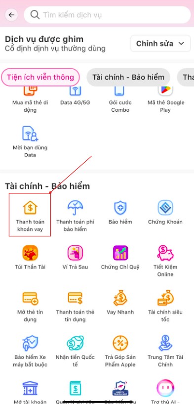 Chọn mục thanh toán khoản vay (Nguồn: Internet)