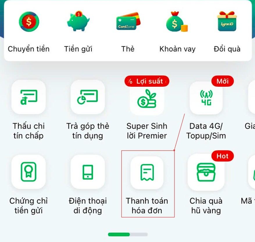 Chọn danh mục Thanh toán hóa đơn