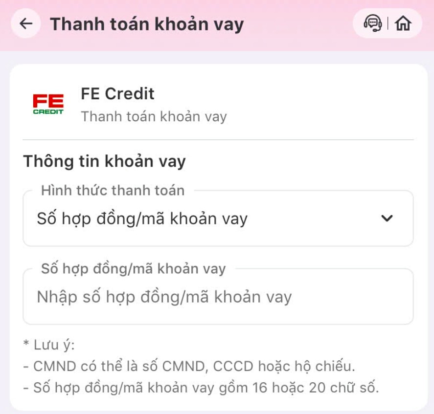Tiến hành thanh toán khoản vay FE Credit