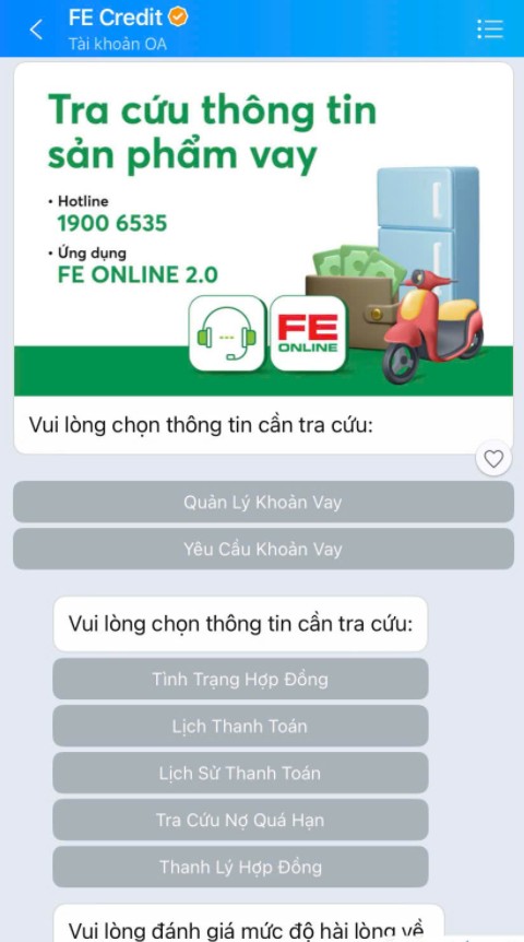 Tra cứu hợp đồng khoản vay FE Credit qua Zalo