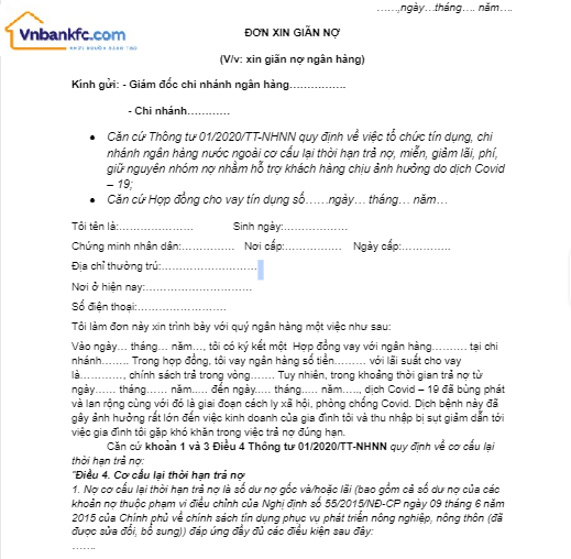 Mẫu đơn xin gia hạn nợ (Nguồn : Internet)