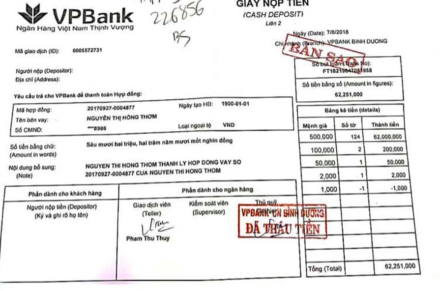 Mẫu giấy nộp tiền FE Credit (Nguồn : Internet)